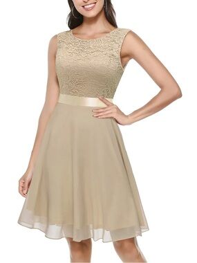 Sleeveless Lace Bodice Knee Length Dress in Champagne Size XL